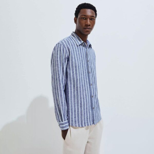 Camisa Hering Listrada Em Linho - Azul Escuro & Branca