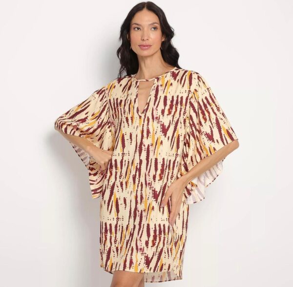 Lança Perfume - Vestido Curto Abstrato. - Bege & Bordô.