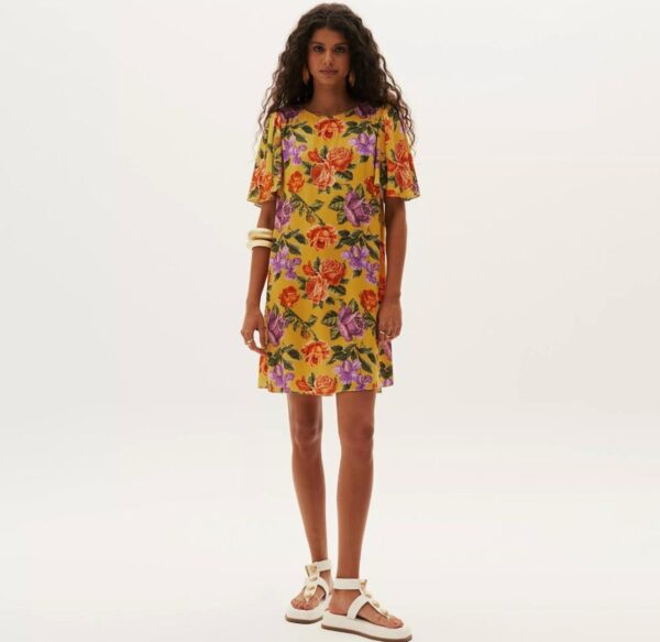 Lança Perfume - Vestido Curto Floral. - Amarelo & Laranja.