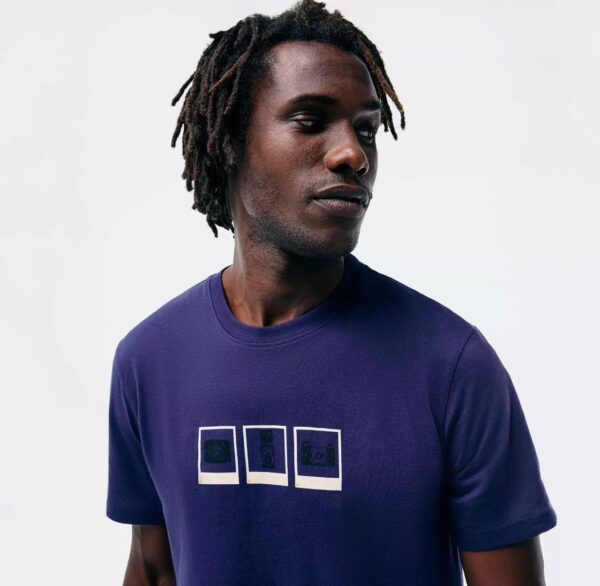 Camiseta Polaroids Com Linho. - Azul Escuro & Branca