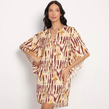 Lança Perfume - Vestido Curto Abstrato. - Bege & Bordô.