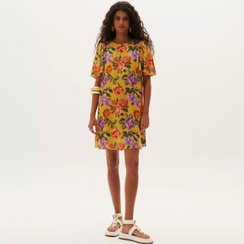 Lança Perfume - Vestido Curto Floral. - Amarelo & Laranja.
