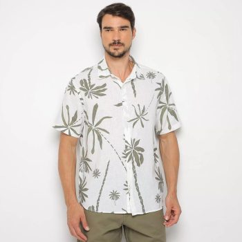 Camisa Hering Folhagens em Linho. - Branca & Verde Oliva