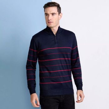 M. Officer - Suéter Em Tricô Com Zíper Listrado | Azul Marinho & Vermelho